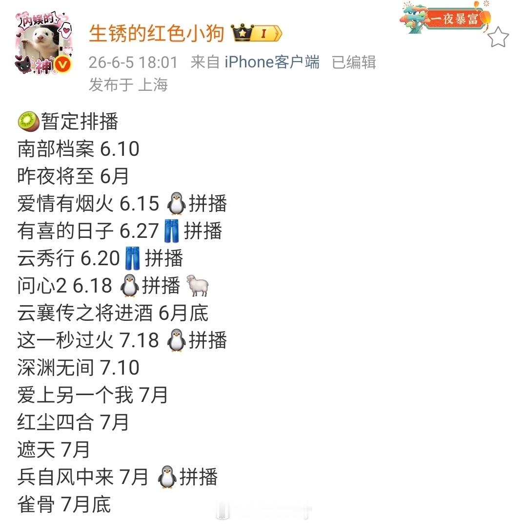 ◆爱奇艺◆6月~7月暂定排播◆🍉讯🥝暂定排播南部档案6.10昨
