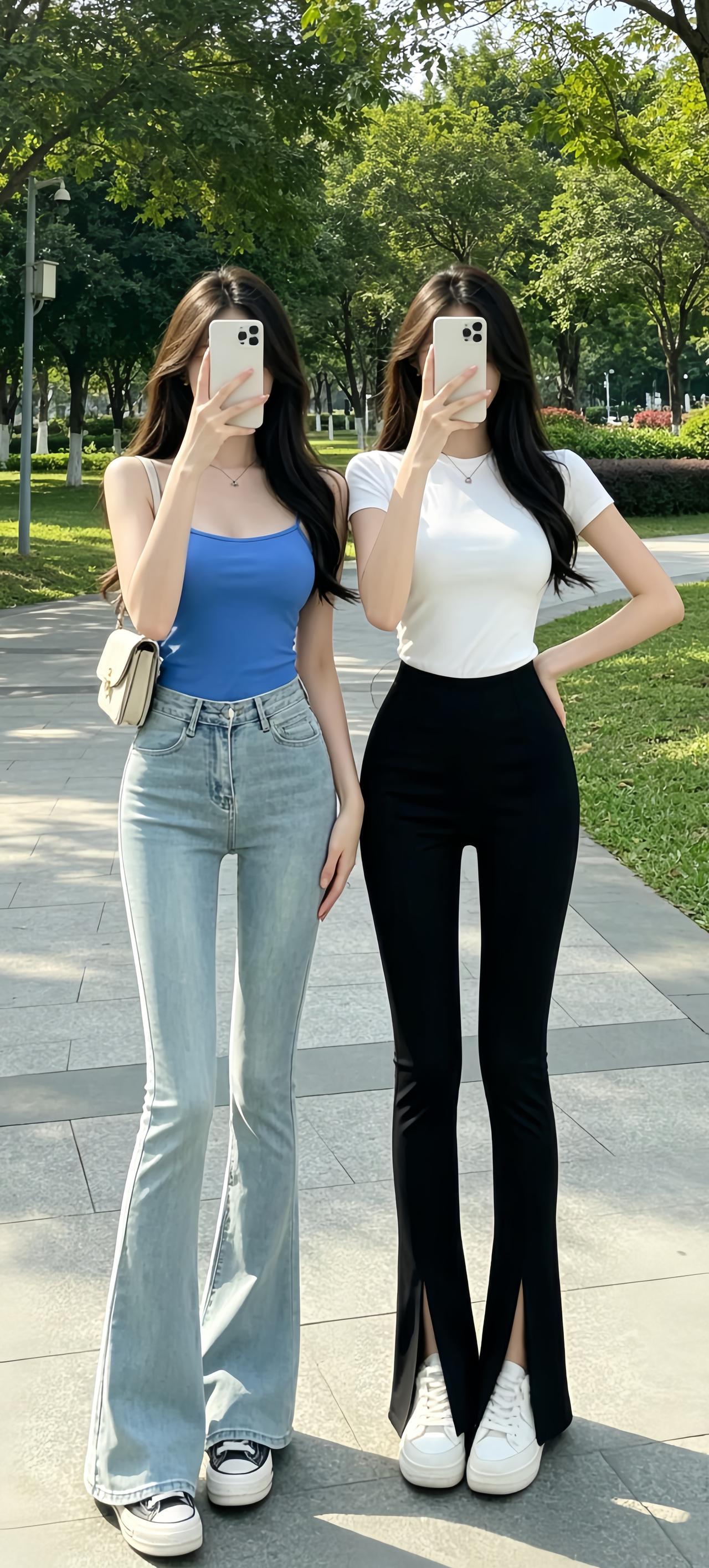 夏日清新穿搭，蓝白相间，牛仔裤与黑色长裤，轻松出街。