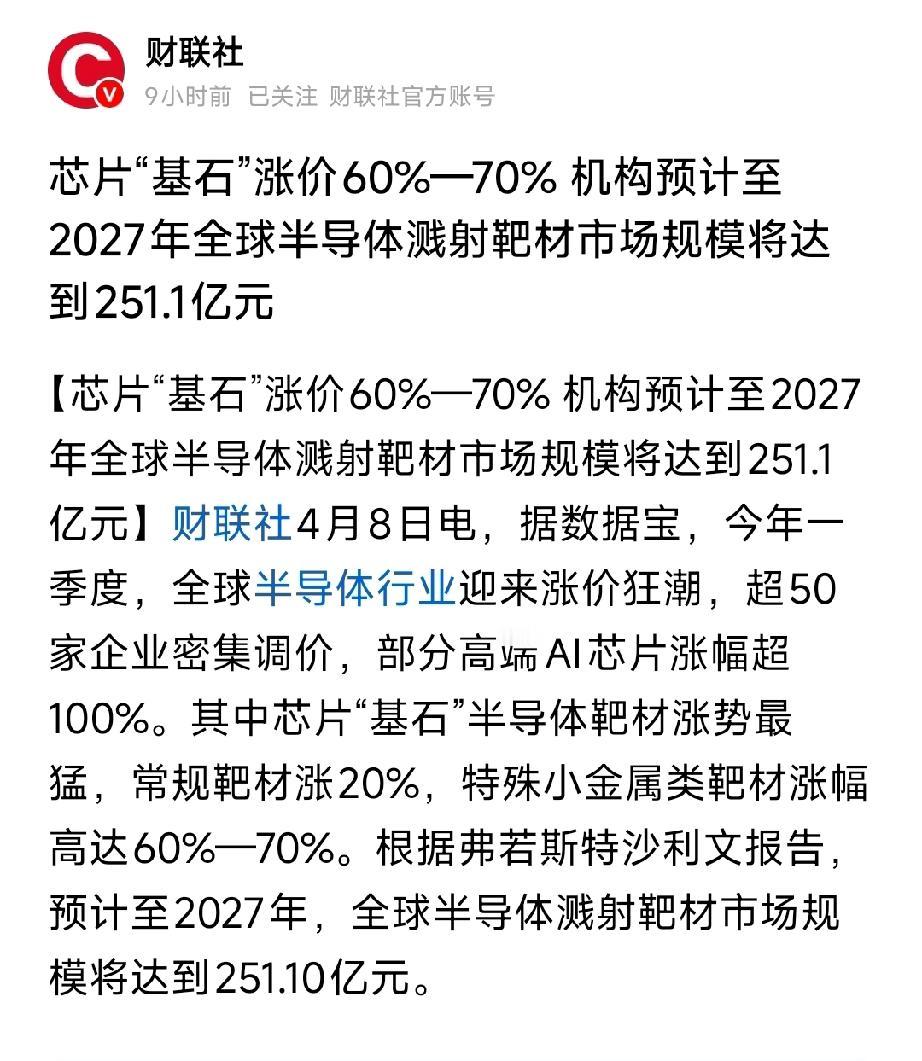 芯片“基石”暴涨60%-70%！靶材狂潮来袭，2027年市场破250亿，国产替代