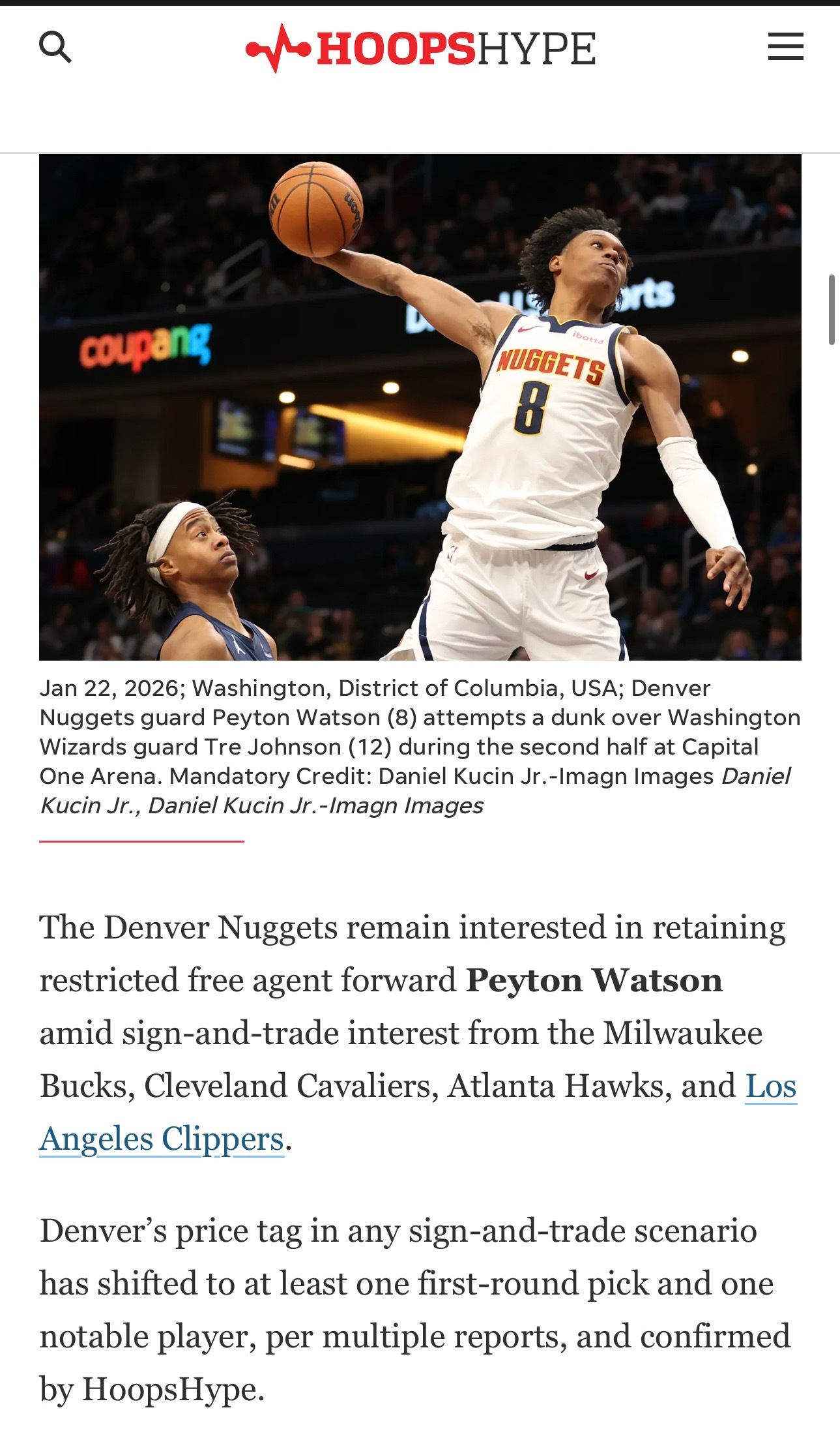雄鹿在沃特森的交易方案中愿意吃下纳吉。  联盟消息源向 HoopsHy...