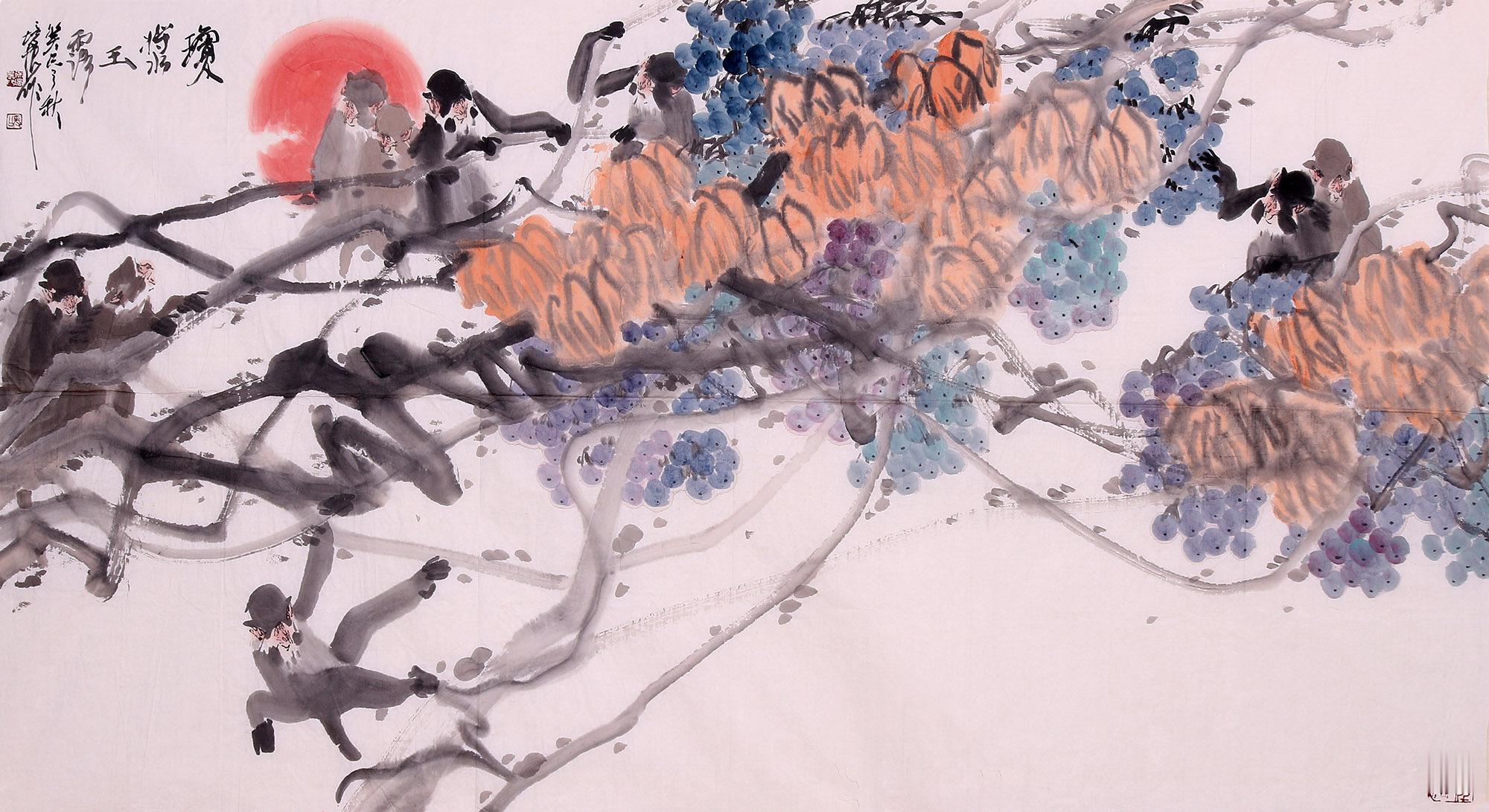 《墨藤如龙，猴影如风》画中藤蔓以浓淡墨色挥洒，蜿蜒盘曲如龙蛇游走，气势贯通；葡萄