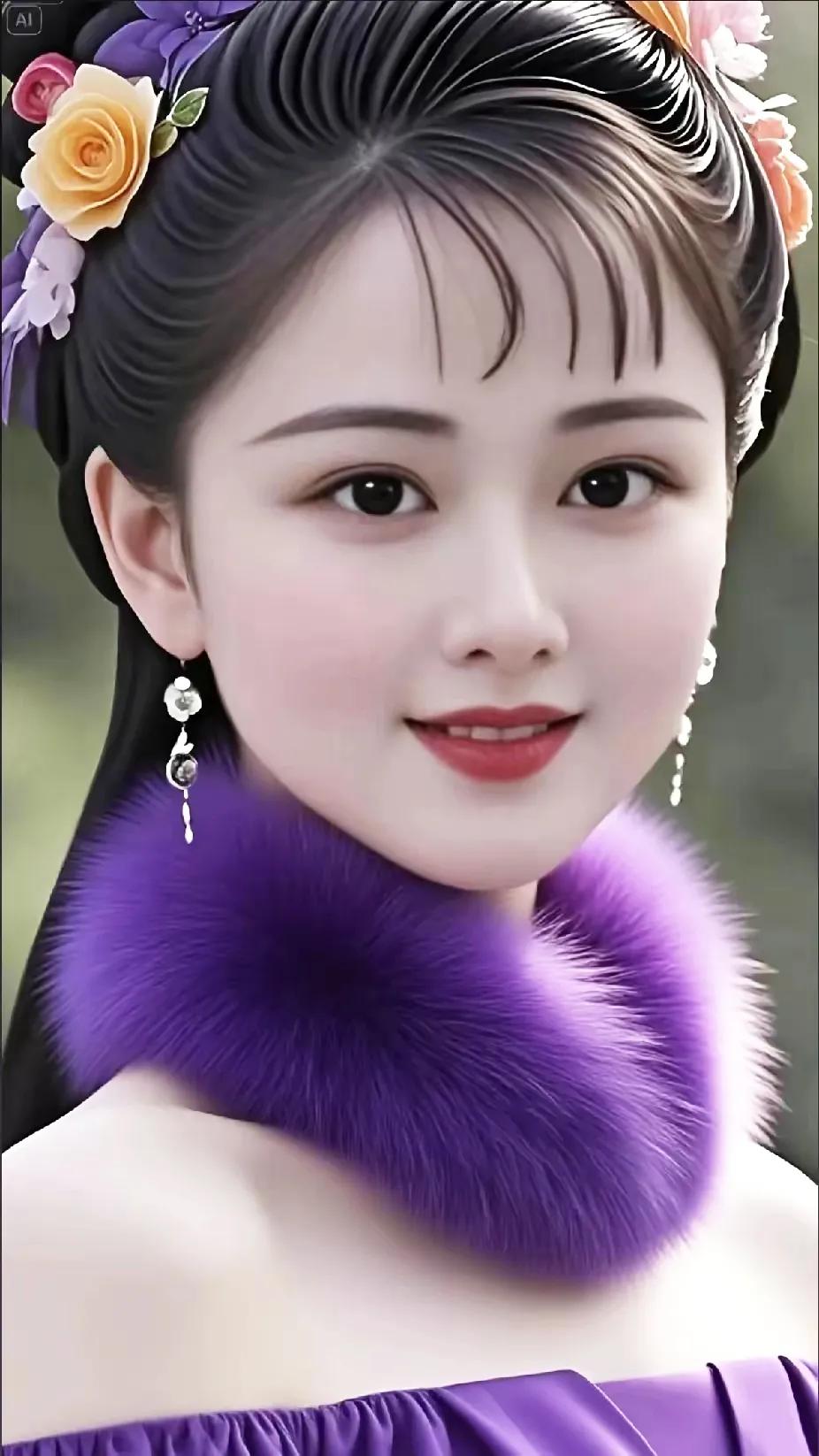 古风少女，花簪玉耳，紫绒华裳，温婉动人。