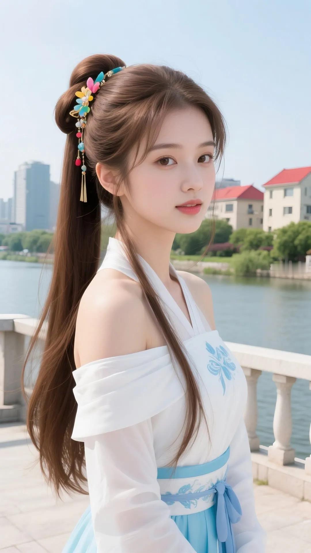 古风少女，水边漫步，花簪点缀，唯美如画