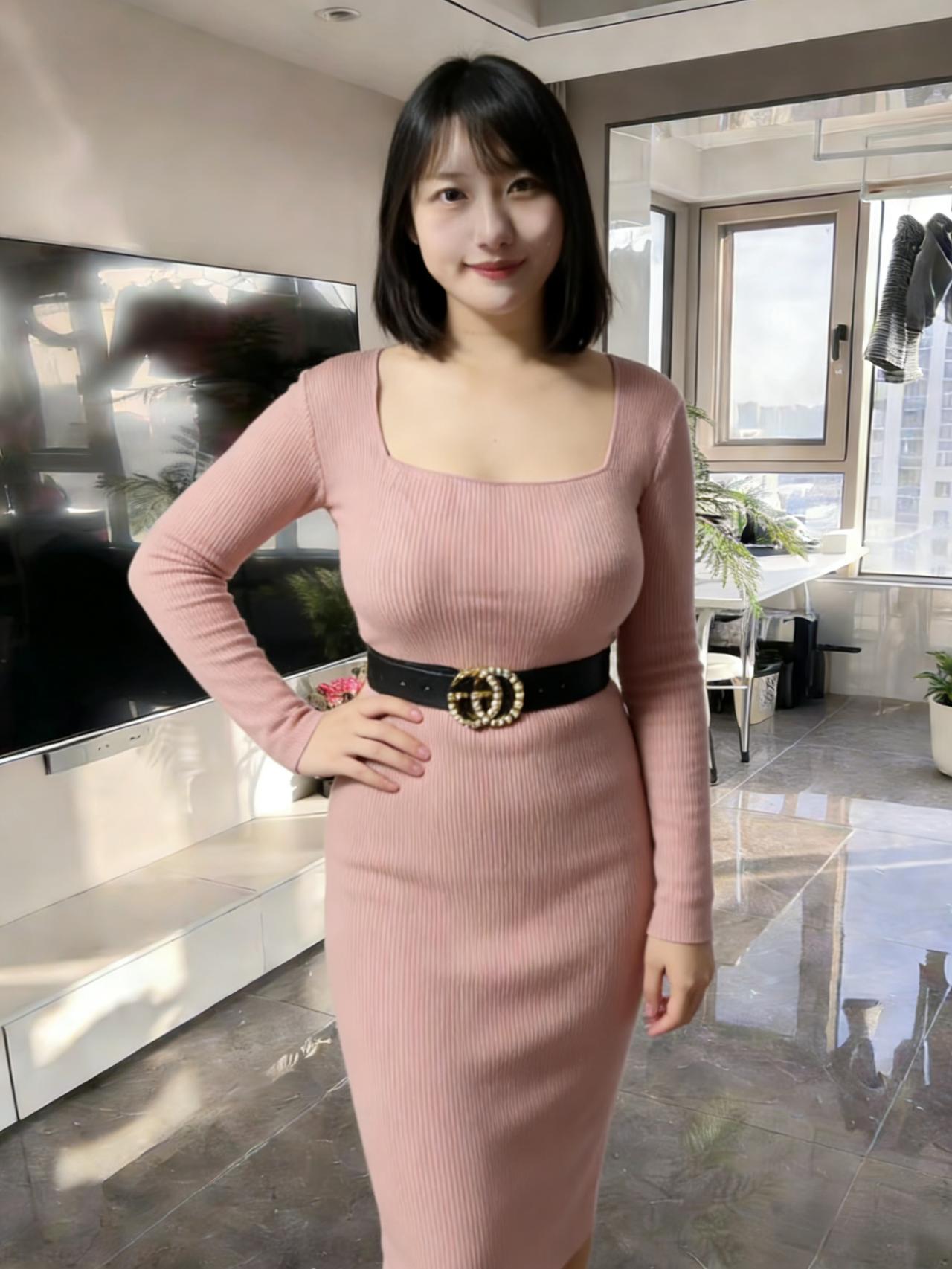 她把晨露的粉织进针脚，方领裁着半片初升的朝阳。腰带扣环住细碎的星子，每一道