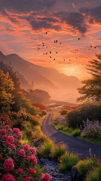 日落时分，一条蜿蜒的小路穿过绚丽的花海，鸟儿在空中飞翔，美不胜收！🌅🌸🐦