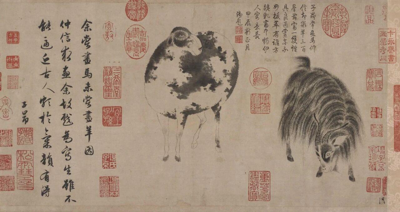 元代书法大咖赵孟頫画了两只羊，一只低头吃草，一只抬头发呆，神态各异，相当生动！