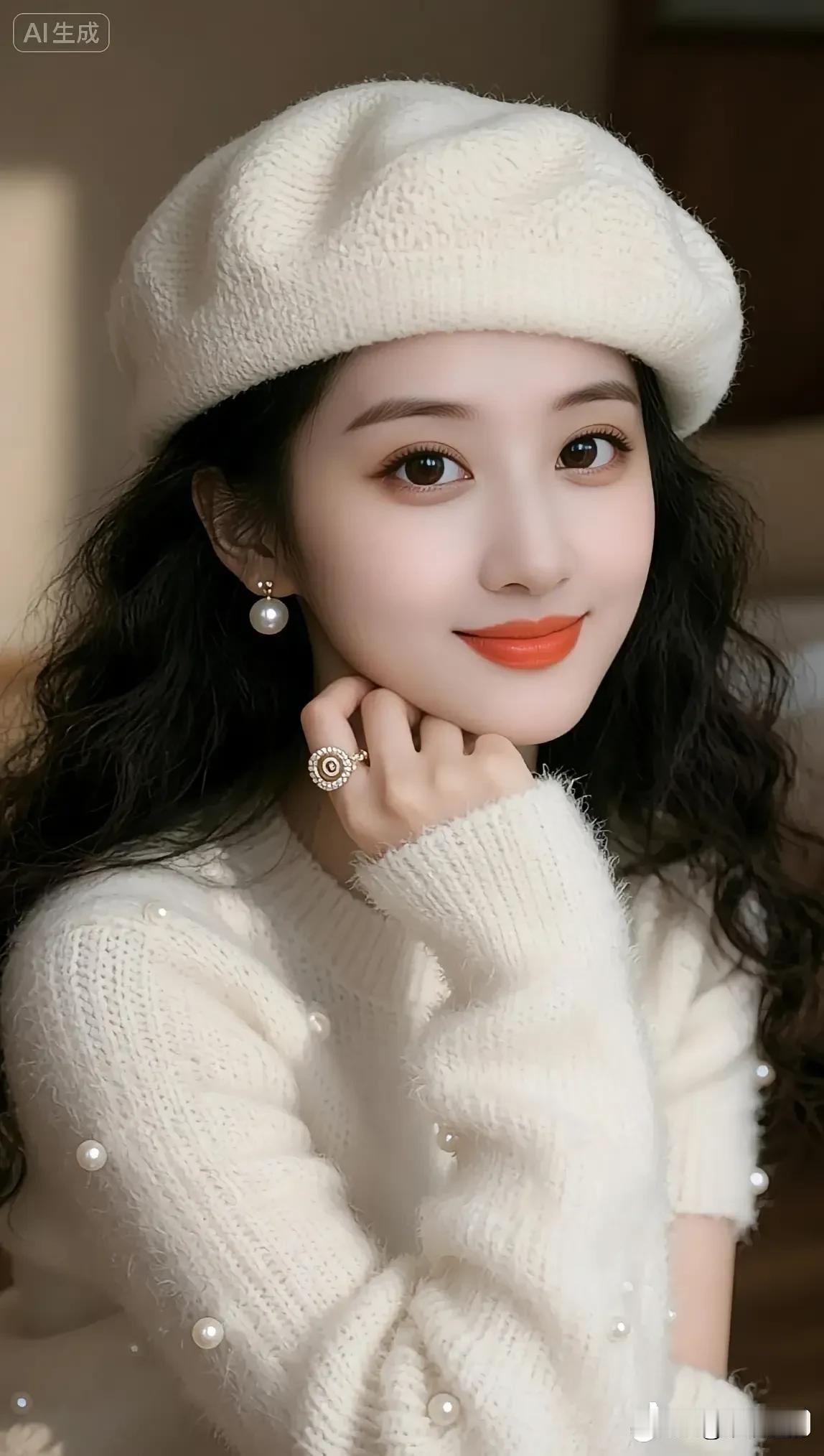 什么样的穿搭可以成为气质女神?奶白针织衫搭同色贝雷帽，珍珠饰点缀揉出温柔又甜美