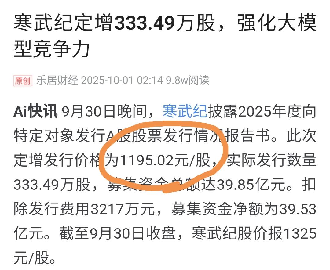 牛市高端局，寒武纪-U定增来了。定增价1195.02元，定增股数333.49万