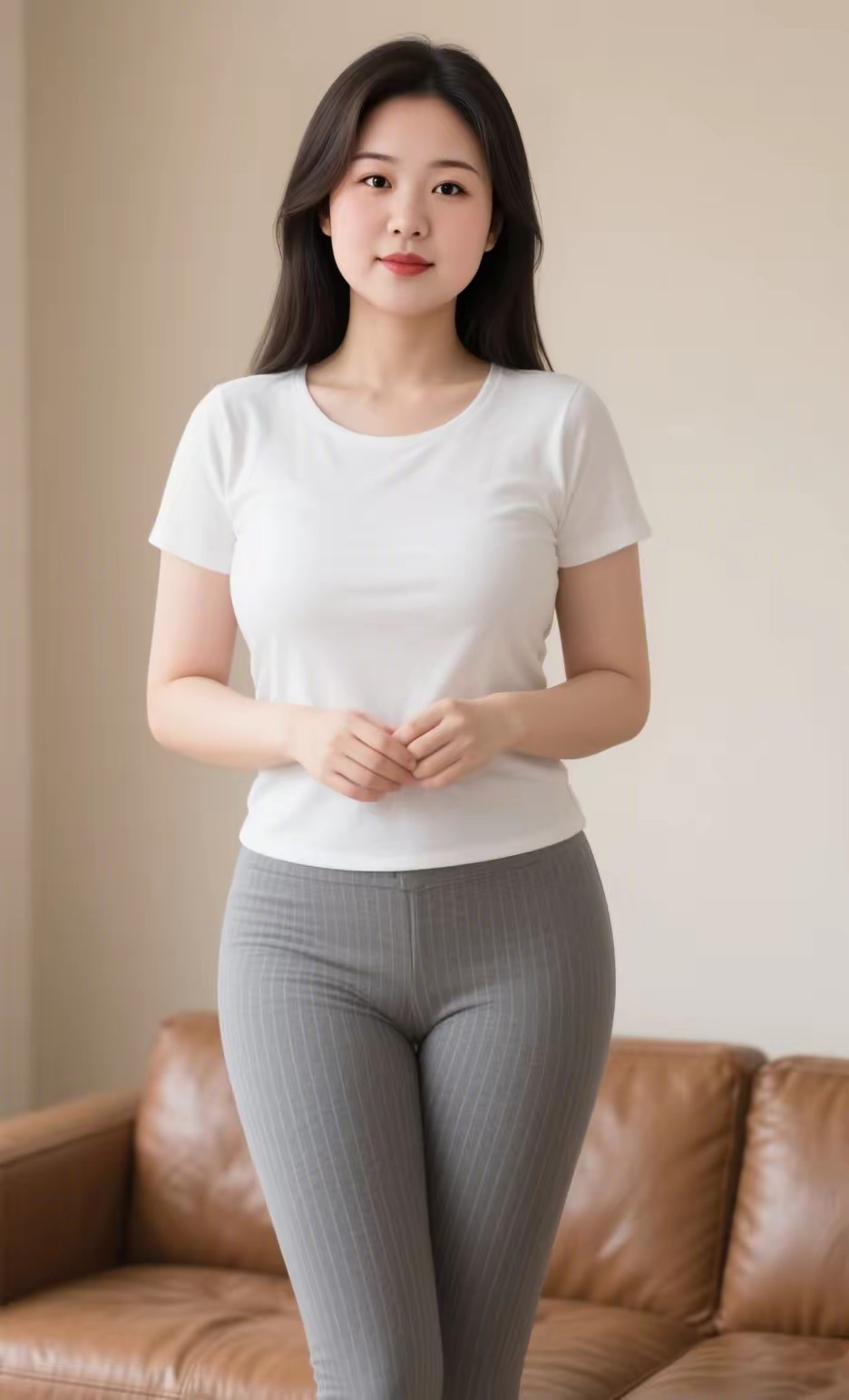 简约清新穿搭，白色T恤+灰色紧身裤，轻松自然，日常必备！