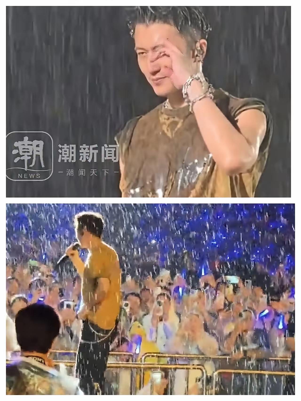 谢霆锋这场雨，淋得是真够意思。演唱会赶上暴雨，台下粉丝举着灯牌在雨里喊，他