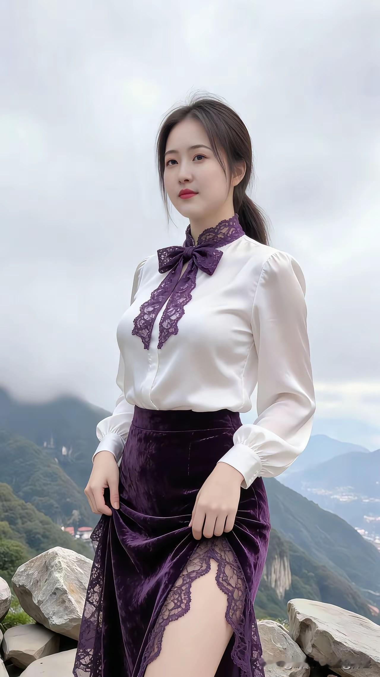 如何拍出户外氛围感美女?太唯美了，山顶紫色东来！户外自然风拍照