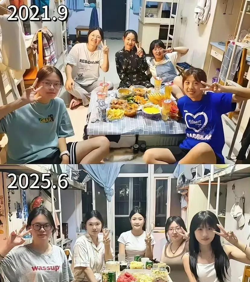 这是5个女生大学四年在宿舍的合照。从两张图可以看出她们的变化挺大的，大家能看出有