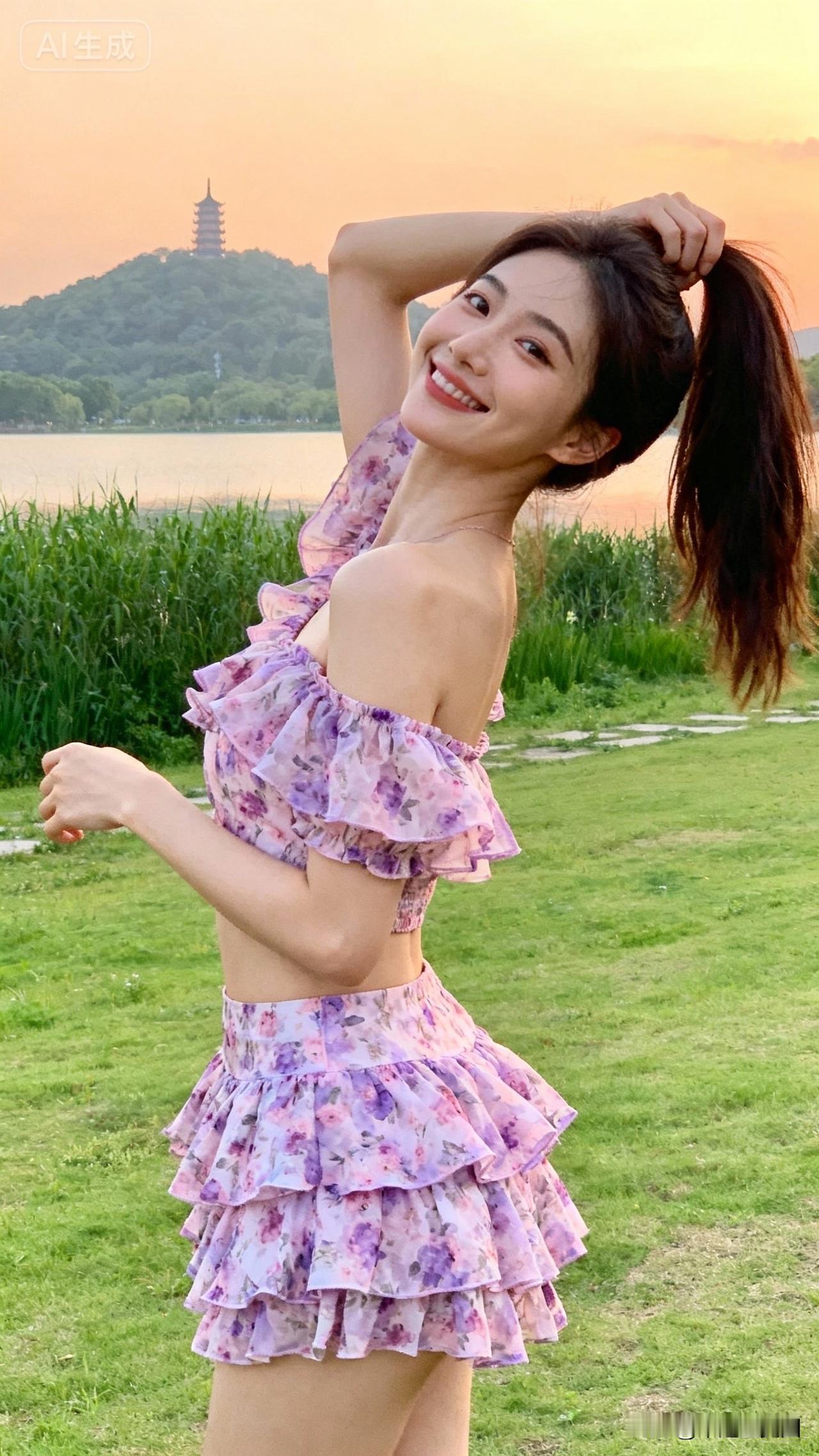 少女心满满，粉紫色花裙，湖畔甜美自拍🌸💖