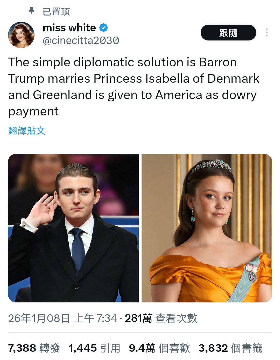 MAGA组织提出解决格陵兰问题的办法！这是中国人最熟悉的“和亲制”。他们声称