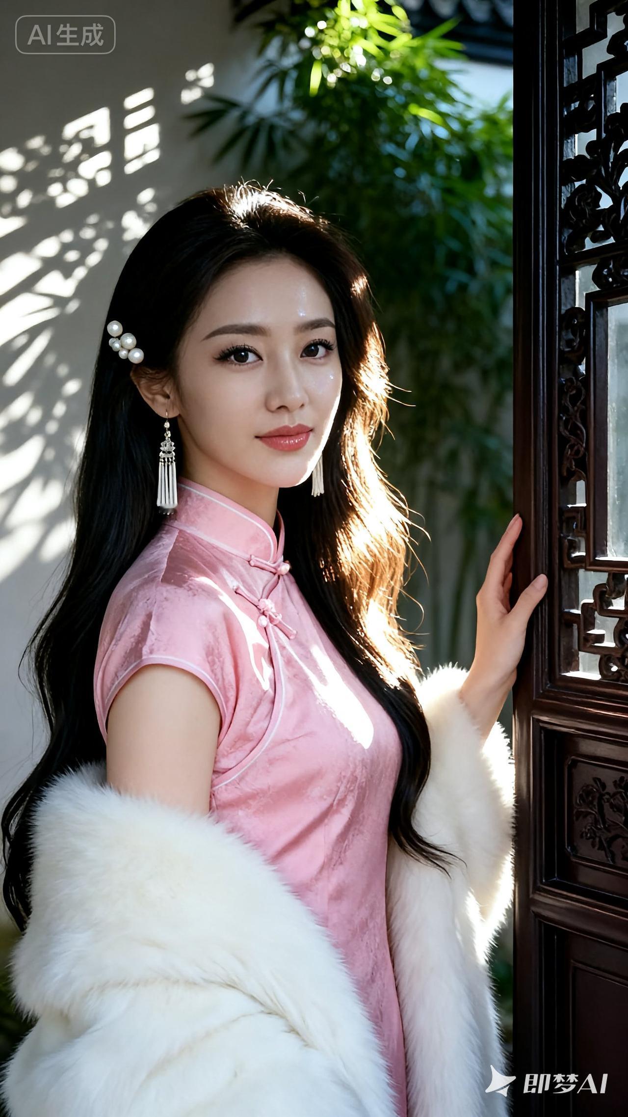 粉嫩旗袍搭配白色毛绒外套，优雅气质满满！💕