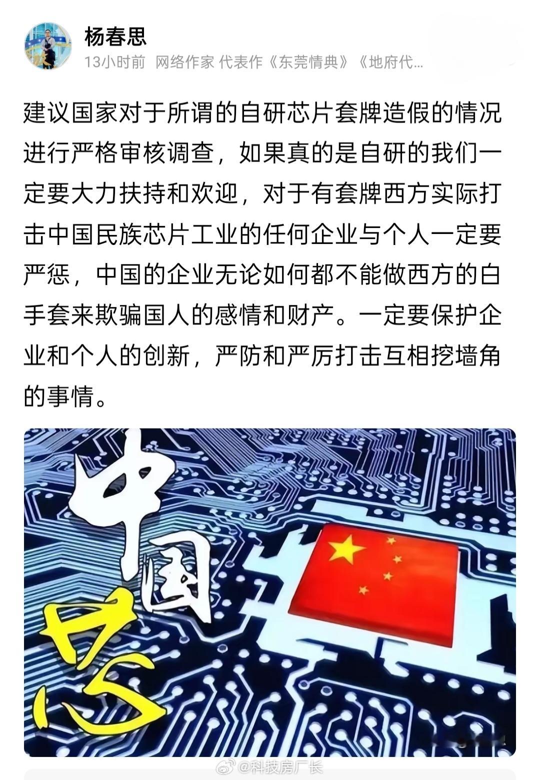 网络作家建议调查自研芯片可能存在套牌造假的问题，好多网友也都相信这种阴谋论​​