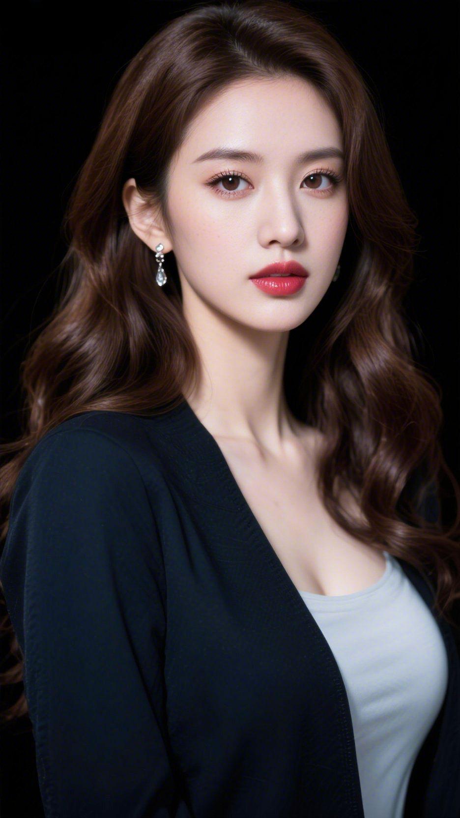 暗夜微光夜色如墨，她静立其中，棕发如丝，泛着温润的光泽。耳间的碎钻轻闪，映
