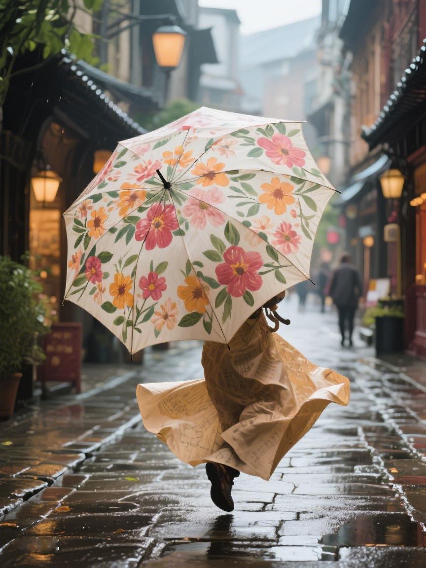 AI妙生图雨中巷陌，那把花伞如梦幻精灵。脚步轻盈处，雨丝轻扬，心也随梦飘远✨