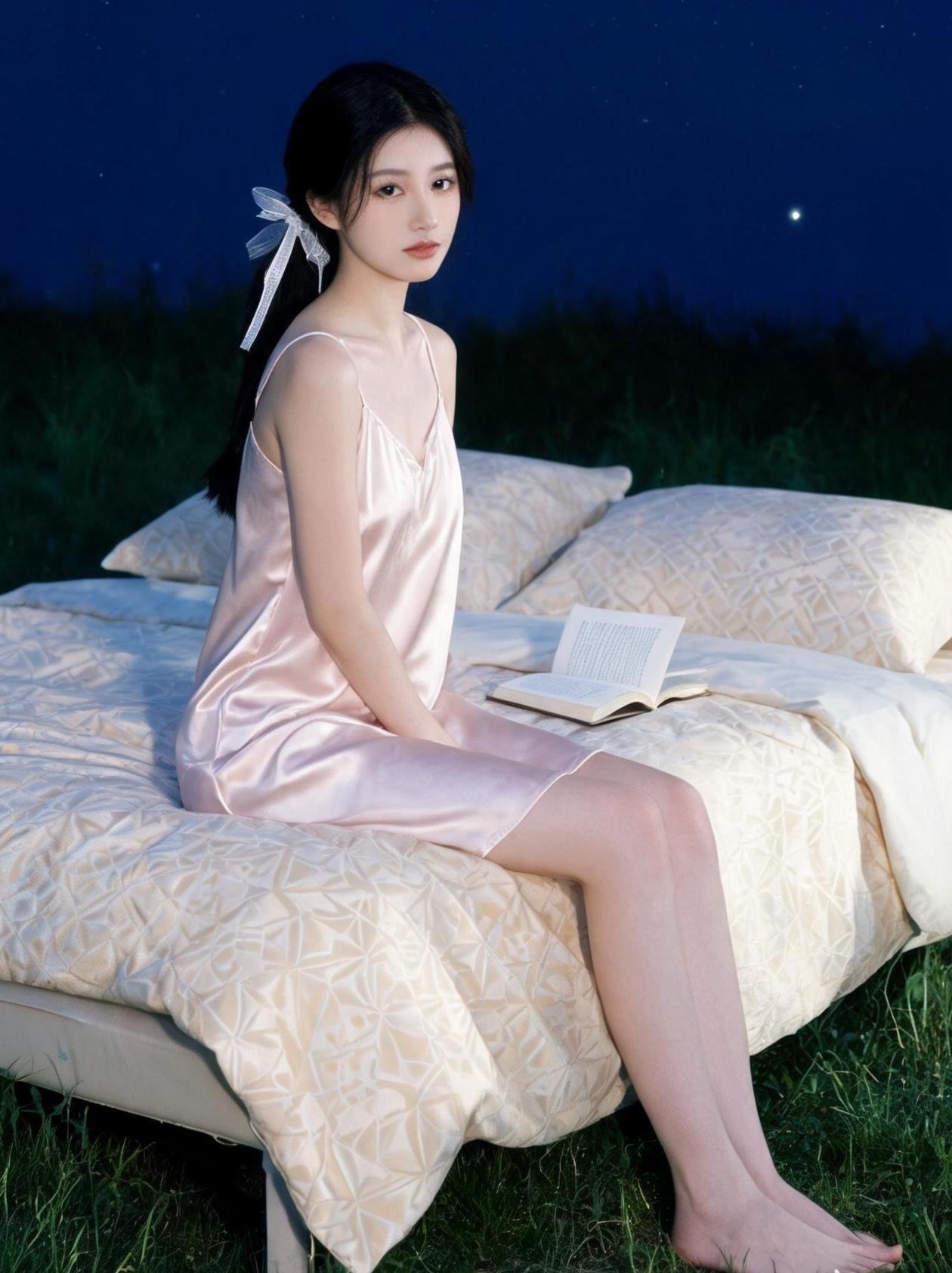 把床安在旷野之下，枕漫天星光入梦，晚风漫过草地，夜色温柔，书页轻展，在山野的夜里