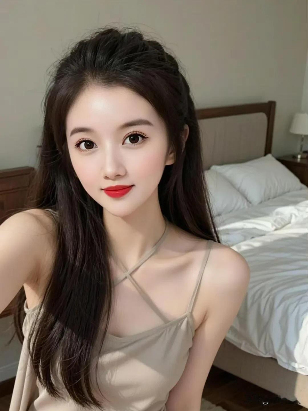 浅杏吊带的交叉肩带勾着慵懒，长发松松垂在肩头。晨间阳光漫过床沿，衬得唇上那抹红更