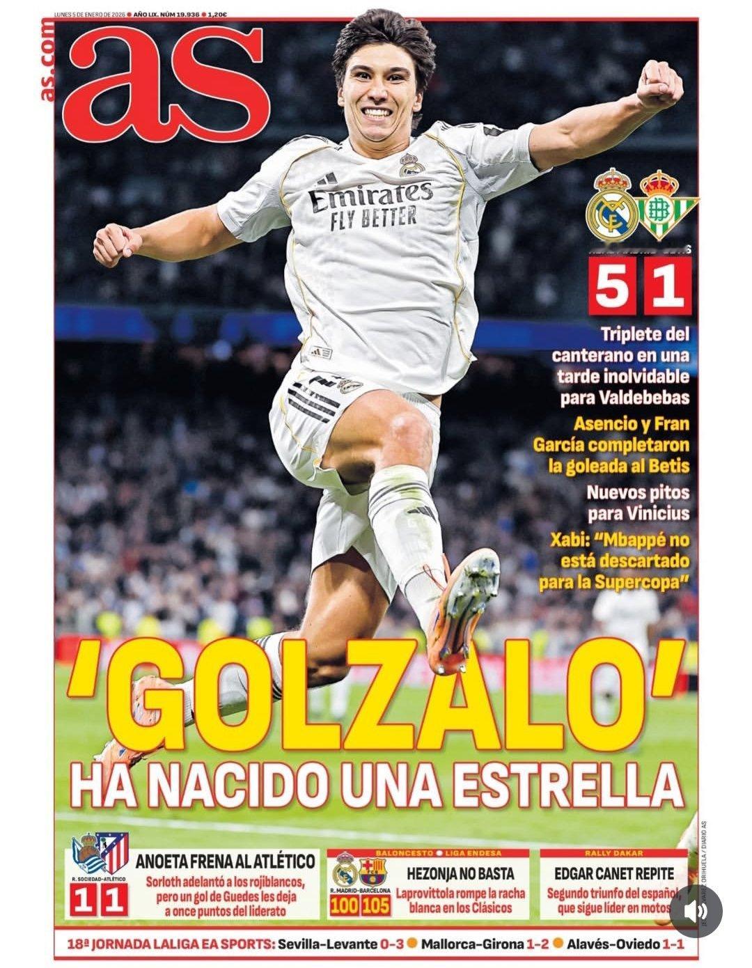 皇马《阿斯》贡萨洛，一颗明星诞生这位青训小将在这个巴尔德贝巴斯难忘夜晚的帽子戏