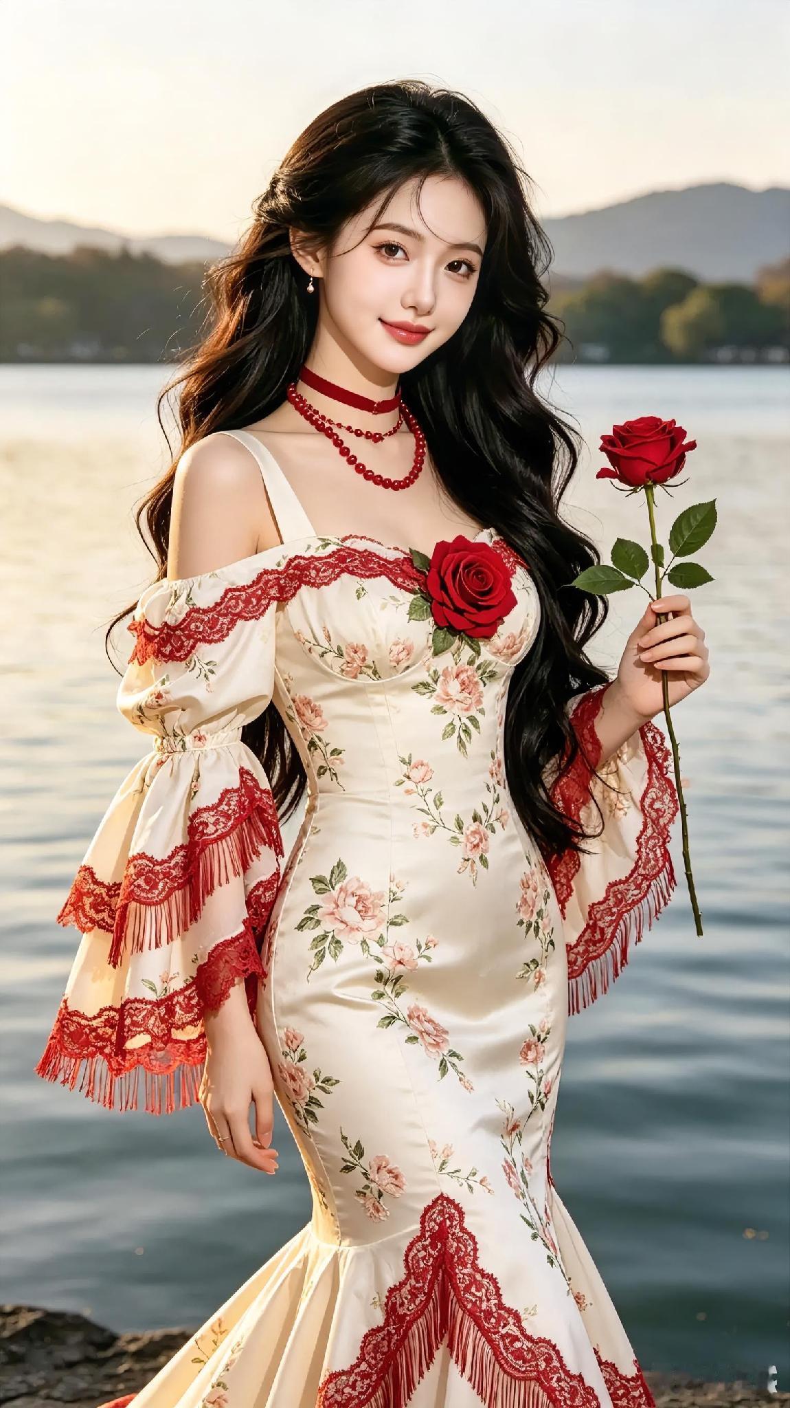 她的容颜仿佛是上天精心雕刻的艺术品，完美无瑕，她的身姿宛如一位优雅的舞者，充满着