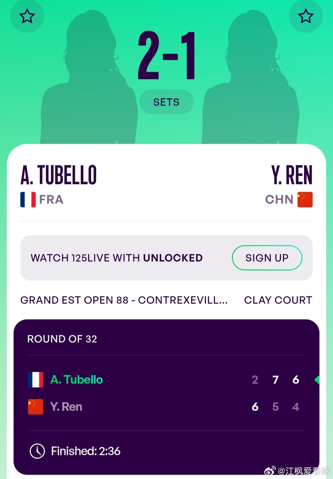WTA125孔特雷克塞维尔站🇫🇷女单第1轮任钰菲🇨🇳6-2/5-7/4-