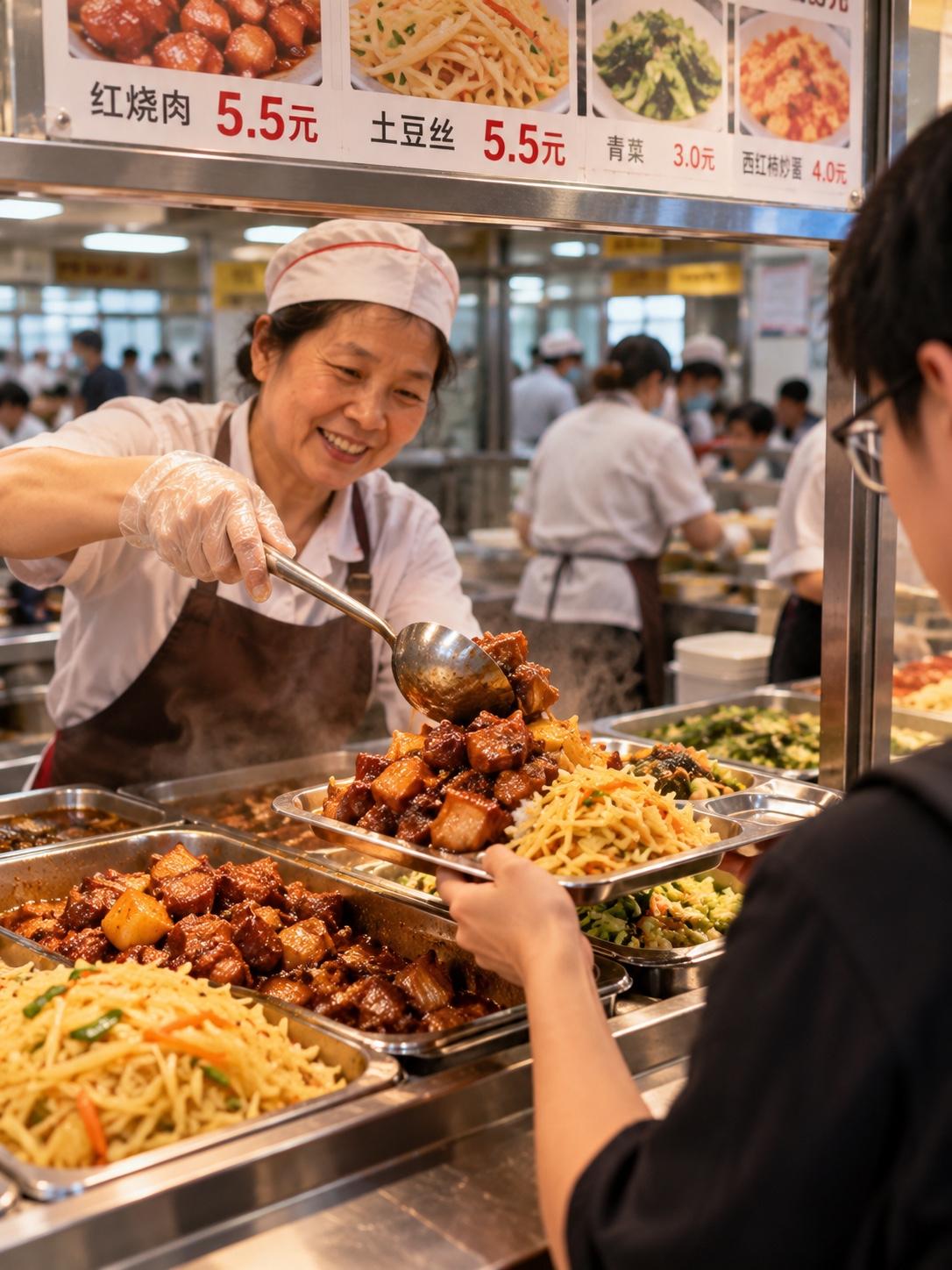 5块5，一荤两素，我差点以为看错了价目表温州理工学院食堂窗口，我排了十分钟队