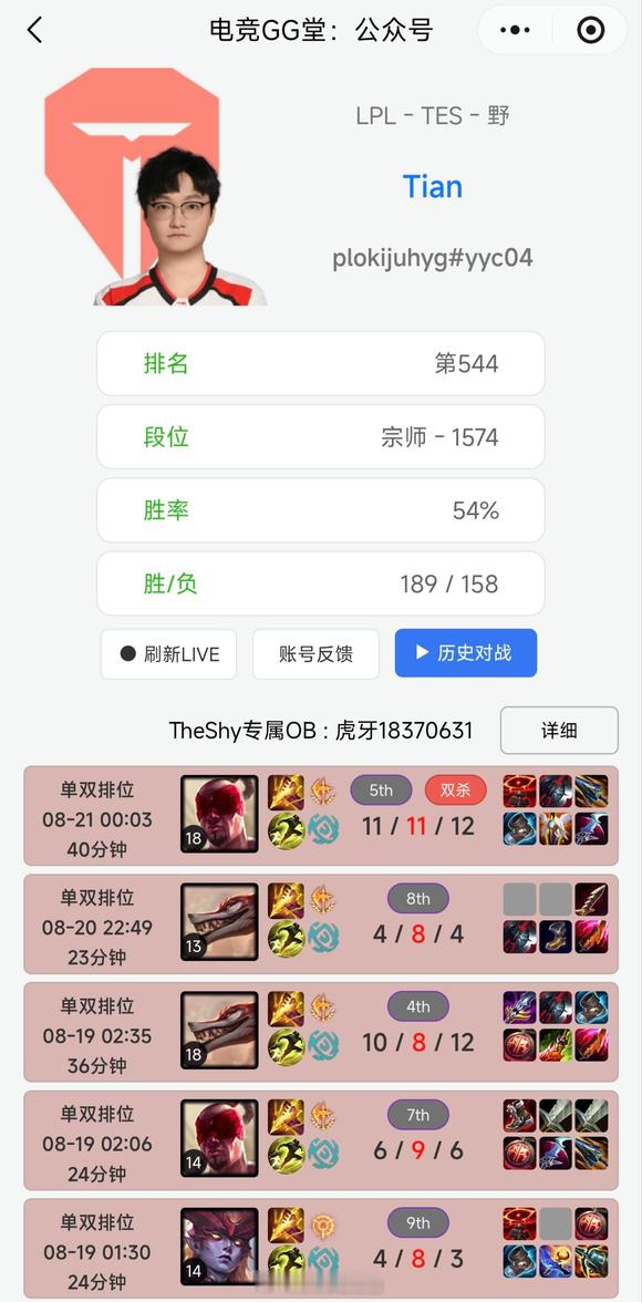 英雄联盟赛事官方TES打野选手Tian的排位账号一页红？连Elo机制都救不了嘛
