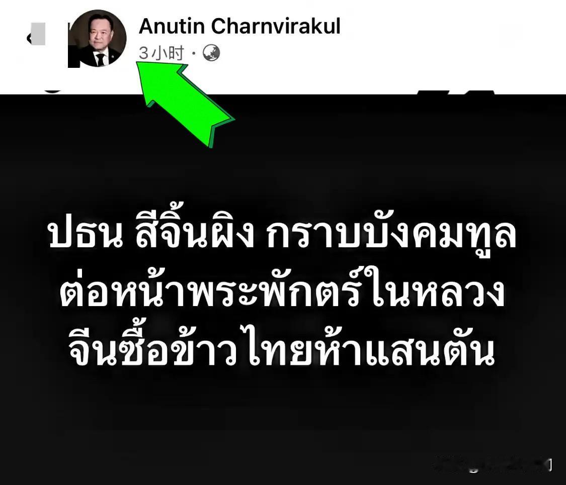 泰国总理兼内政部长阿努廷·陈威拉恭，在脸书发帖子说：“中国那边当着泰国国王的面儿