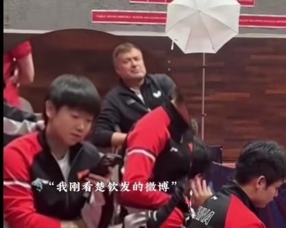 莎莎：我刚看了楚钦发的微博。多哈世乒赛观众席上，队友们都坐在看台上聊天刷手机，莎