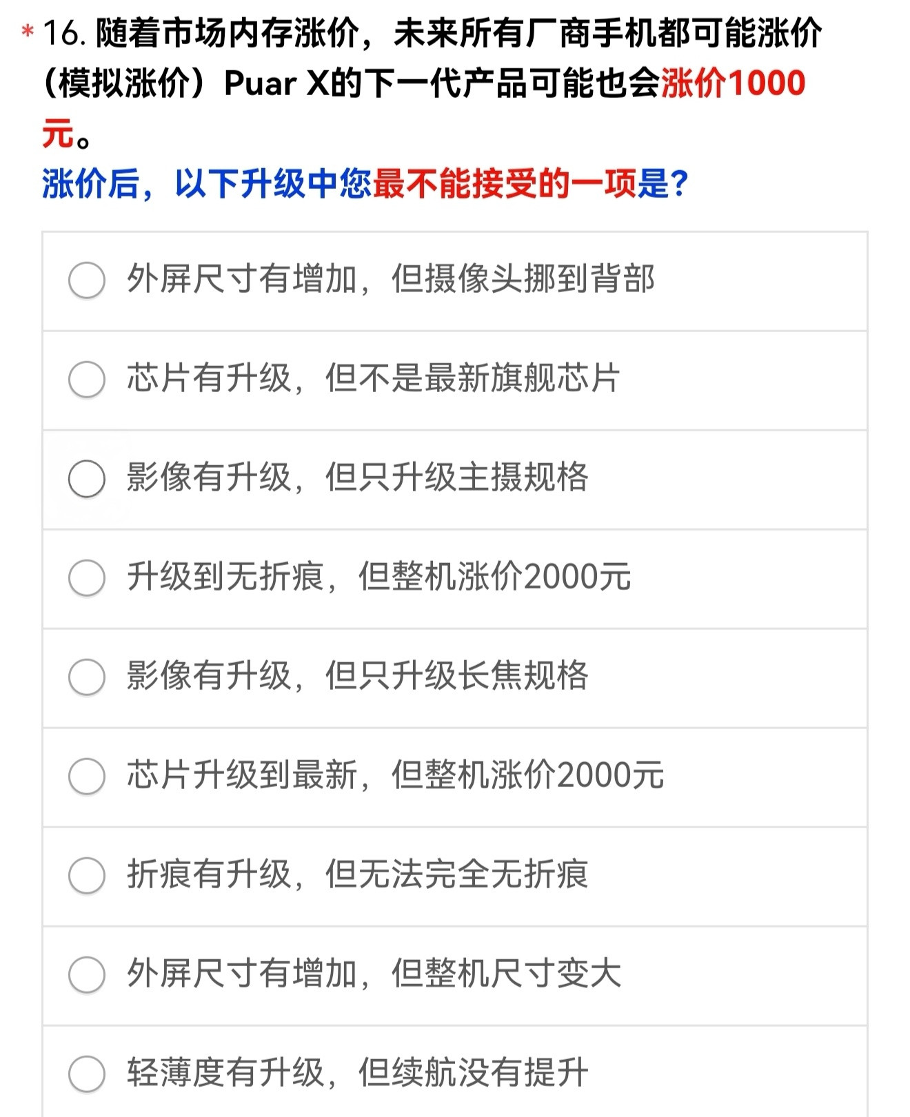 华为PuraX2迭代小阔折的官方调研，常规升级可能会涨价1000元，大升级至最