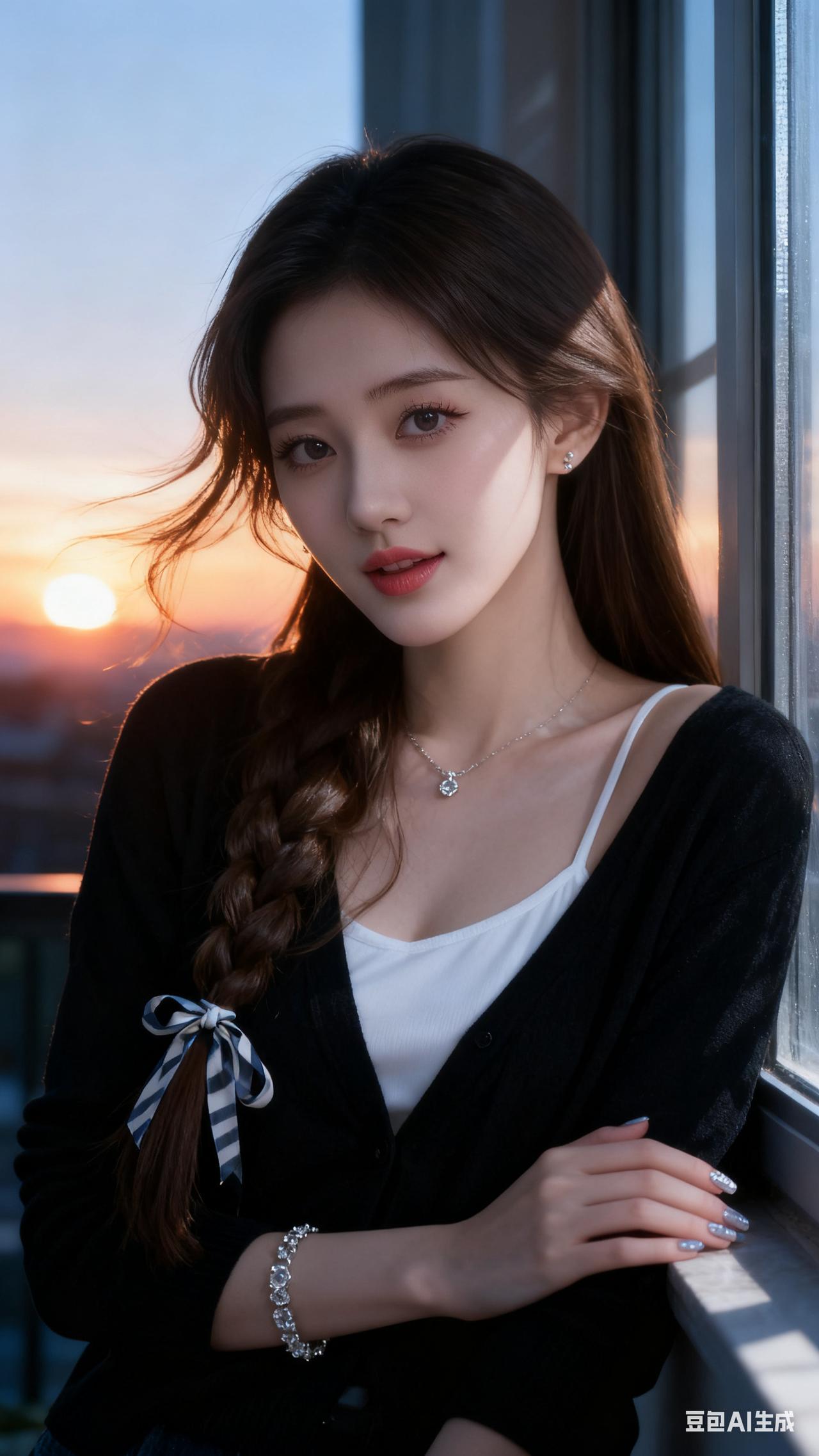 美女着黑开衫内搭白吊带，窗边黄昏光影，半明半暗，发丝光动人。冷白皮瓜子脸，通透底