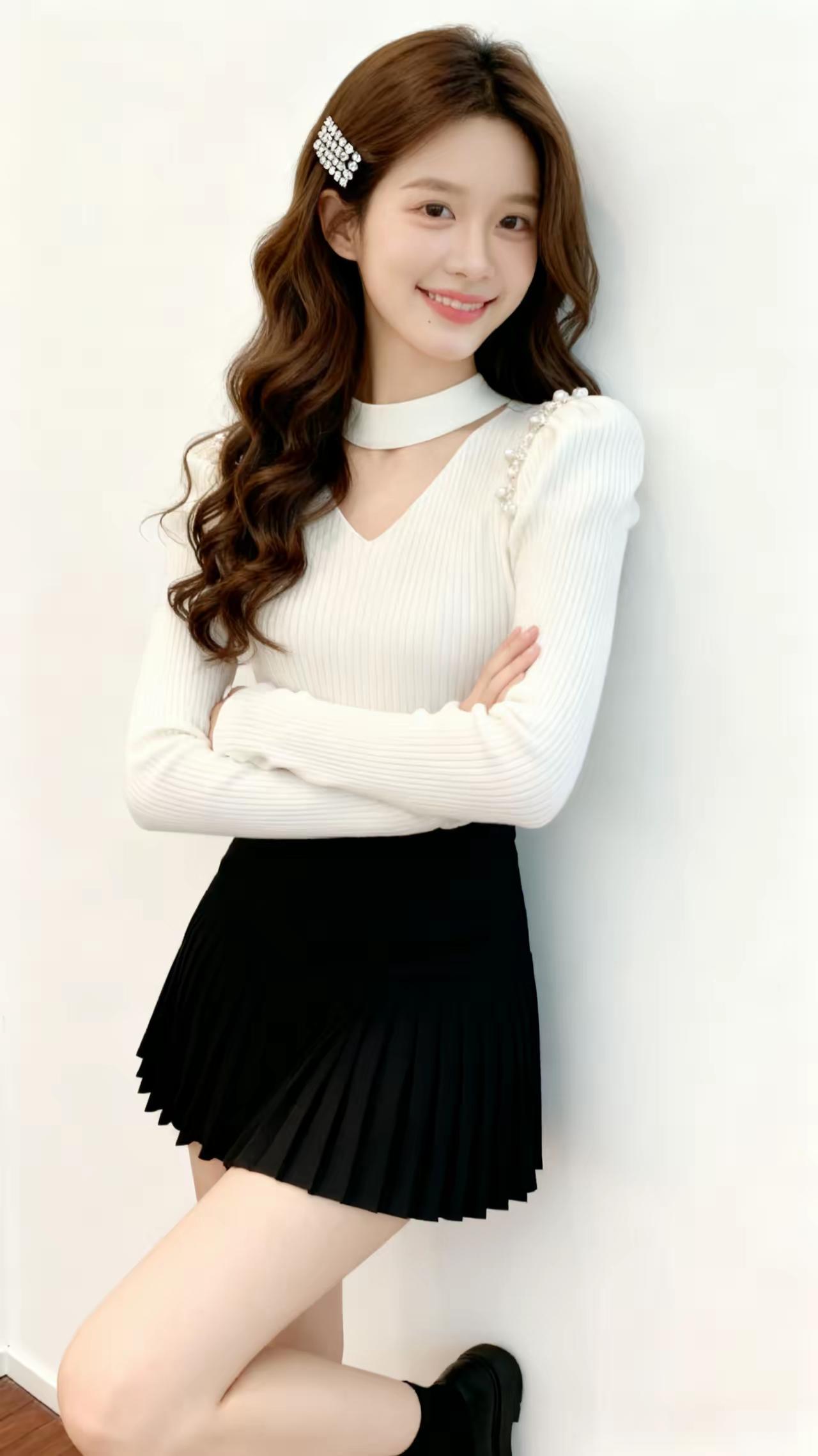 甜美少女风穿搭，白色毛衣搭配黑色百褶裙，清新可爱！