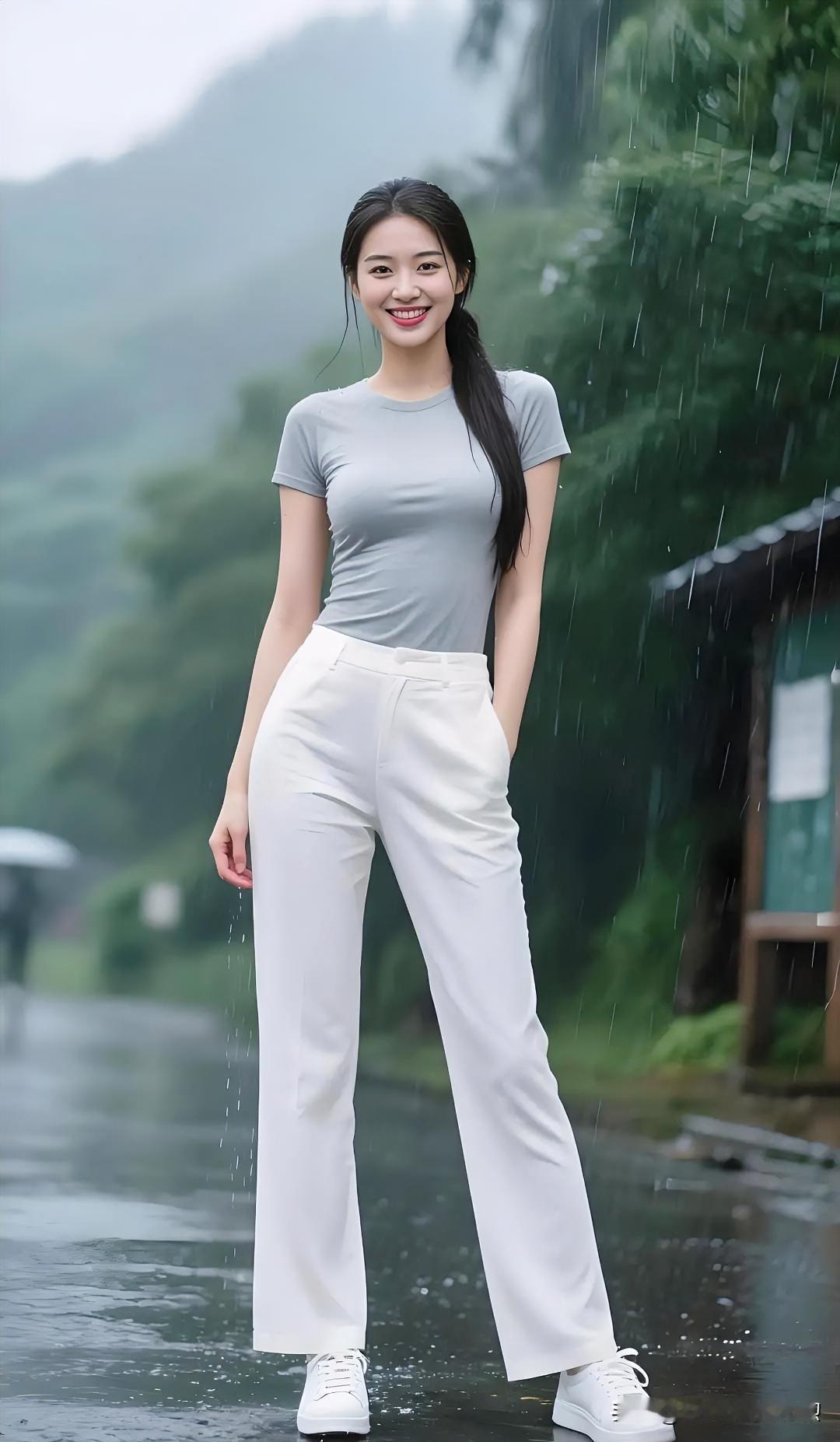 细雨湿衣，笑靥如花。灰衣素裤，独立于烟雨朦胧间。眉眼清澈，透着从容喜悦，将雨天的