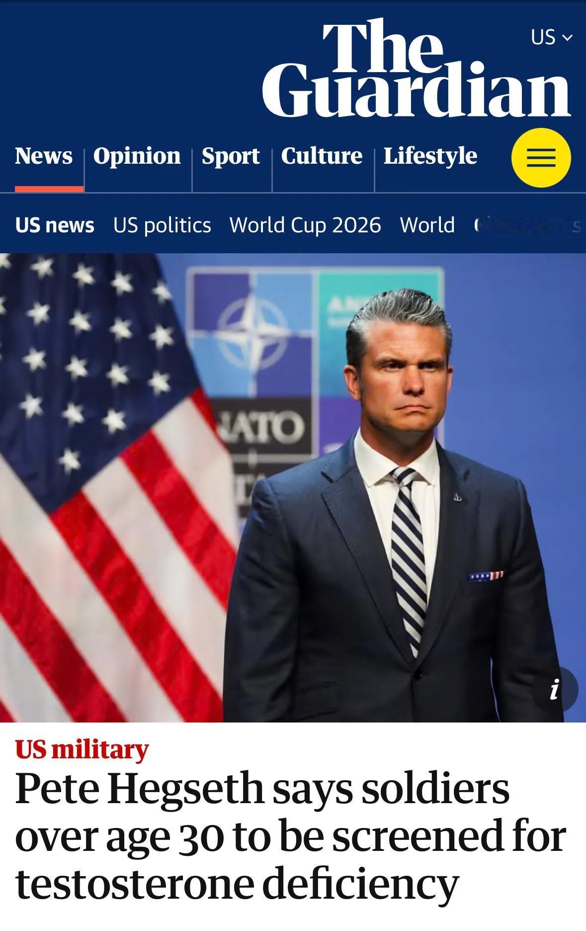 今天，美国国防部长赫格赛斯宣布，五角大楼将针对30岁及以上现役军人实施年度睾酮水