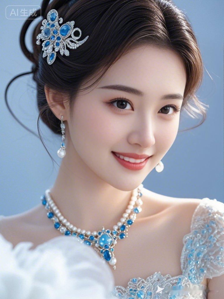 冷白皮泛着珍珠光泽，细腻高贵又红润饱满，栗棕微卷长发盘成华丽发髻，缀浅蓝宝石发簪