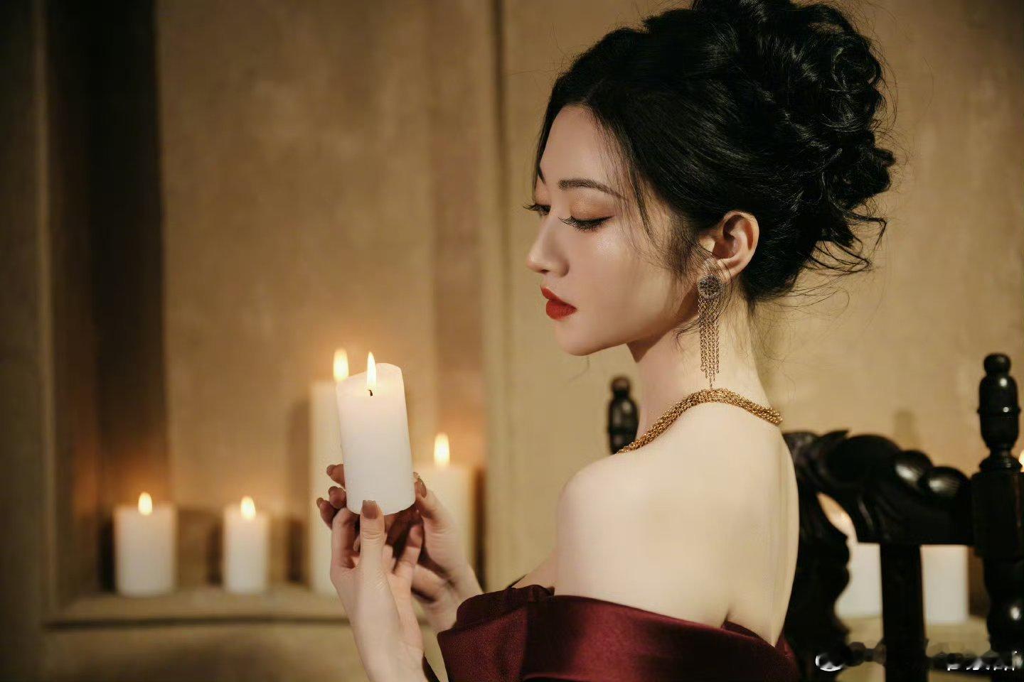 被景甜这组图狠狠戳中！光影落在她侧脸上，眼神里全是故事感，红色的礼服高贵典雅！