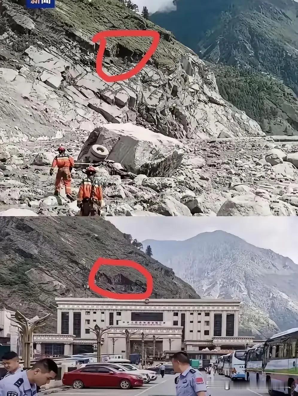 对比一下两张照片，曾经雄伟的大楼，此刻只剩下了一堆的钢筋，在乱石堆里还看得出来位