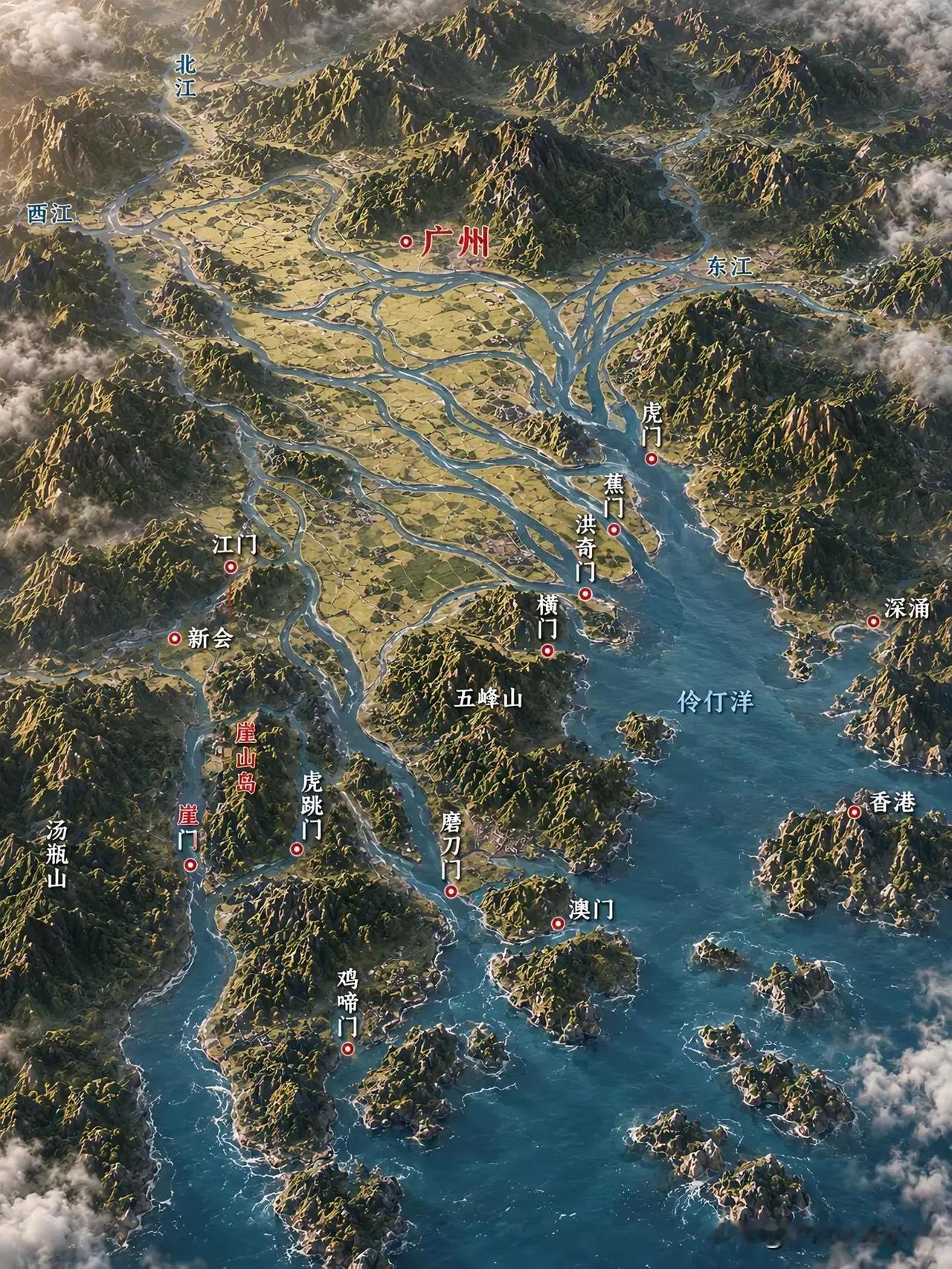 一张立体地图看懂珠江口，大湾区的地理根基太震撼铺开这张立体地图，珠江口独有