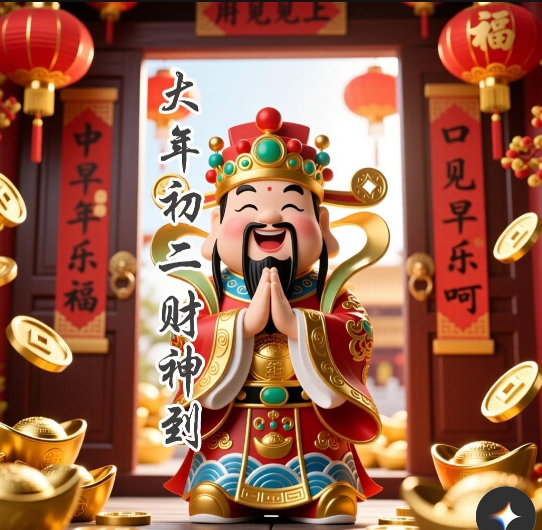分享早安图片大年初二财神到，开门见财乐呵呵，早上好