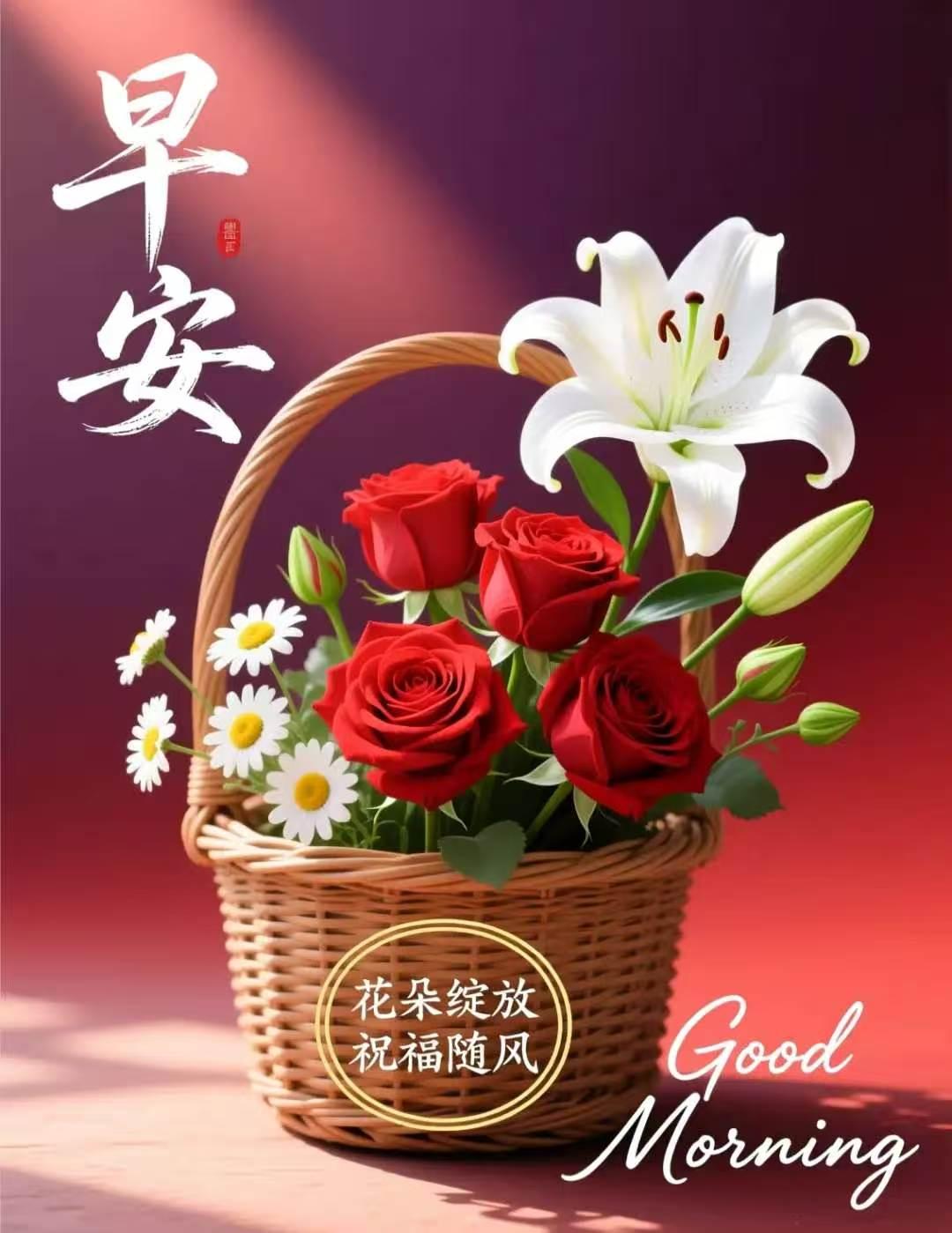 晨光祝你吉祥，春風送你安康，暖陽給你快樂，友誼讓你幸福。早上好！[玫瑰]