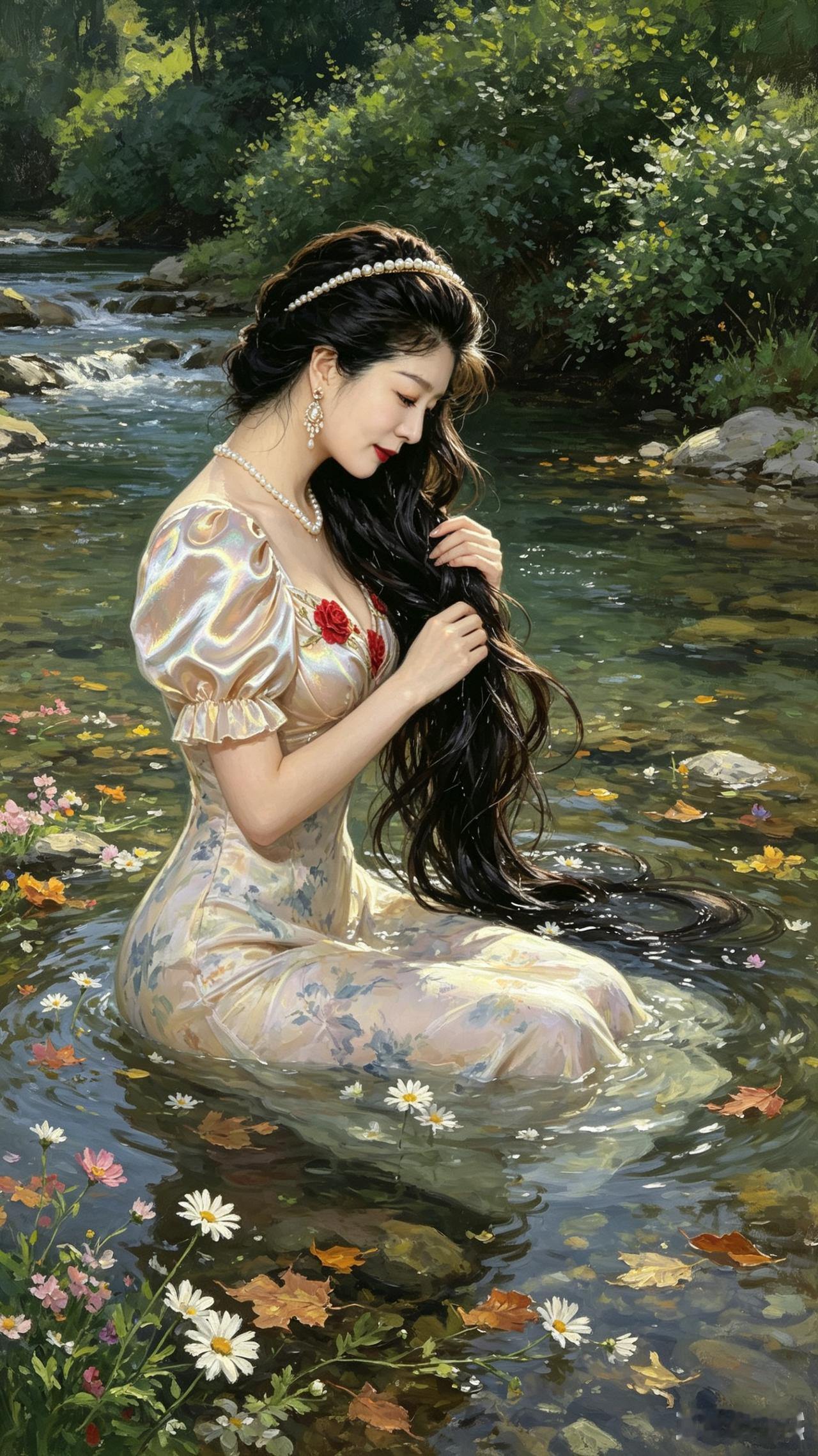 溪畔梳发碧水含烟绕翠丛，青丝浮浪似柔蓬。墨纹罗裙沾晓露，雏菊相伴一身
