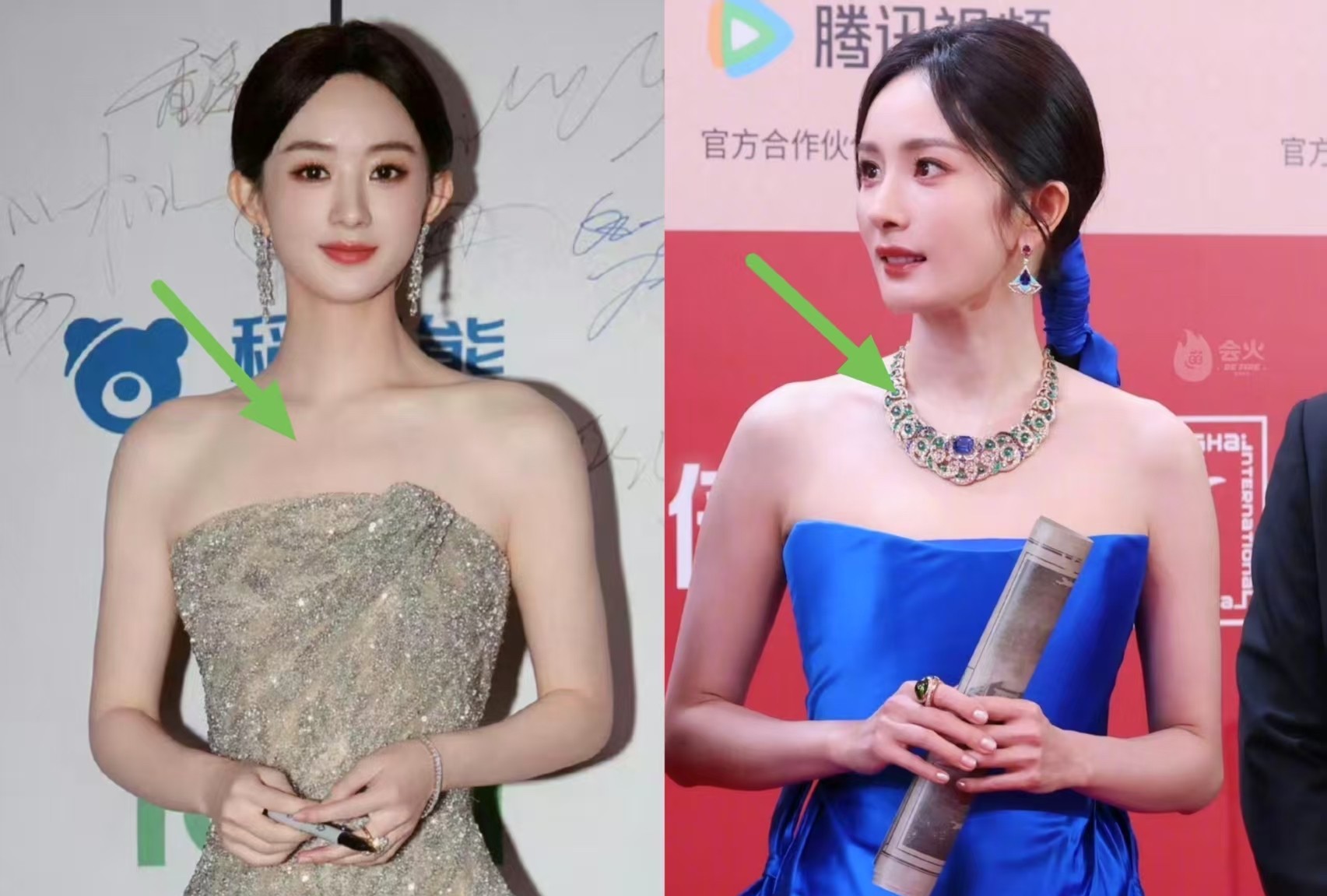 杨幂电影节高定被嘲笑了话说这是三手高定但是她脖子上的大珠宝很抢眼反观赵丽颖