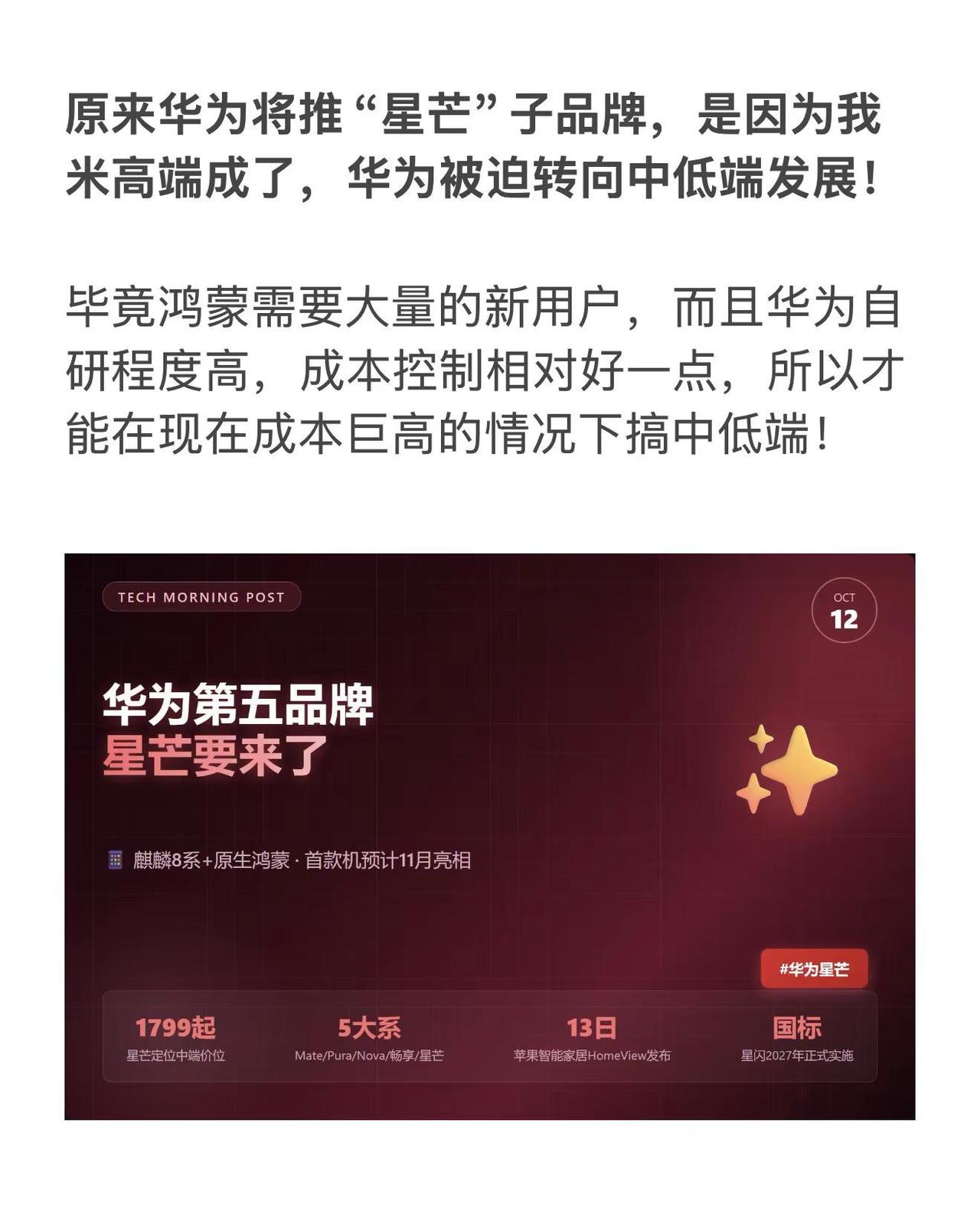 原来华为将推“星芒”子品牌，是因为我米高端成了，华为被迫转向中低端发展！毕竟鸿蒙
