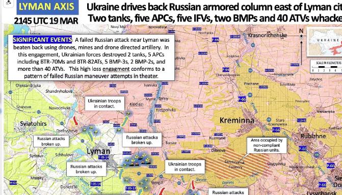 俄军向利曼方向发动春季攻势，但遭到乌军顽强抵抗，俄军在损失2辆坦克、5辆装甲运兵