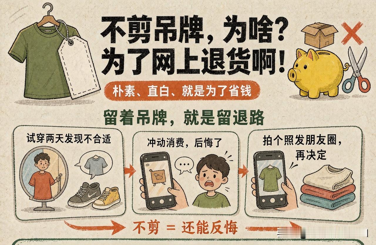 有人网上购衣服，衣服吊牌不剪，为啥，在我的理解认知里就方便网上退货，别整啥高大上