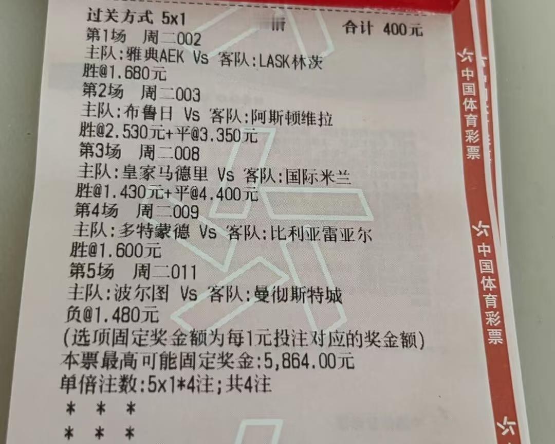 这位大哥400元的彩票，大家看下有没有不妥的地方，相互讨论下。很多人觉得曼城这
