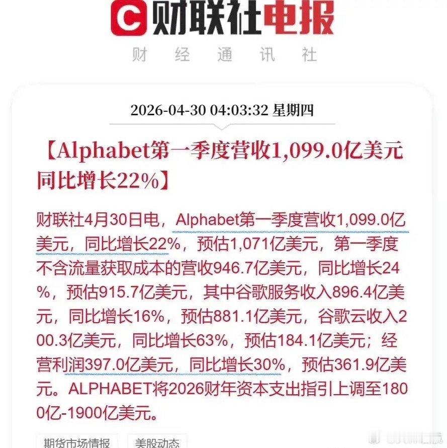 老美的这几个科技巨头越来越让人看不懂了。谷歌母公司一季度营收1099亿美元，同比