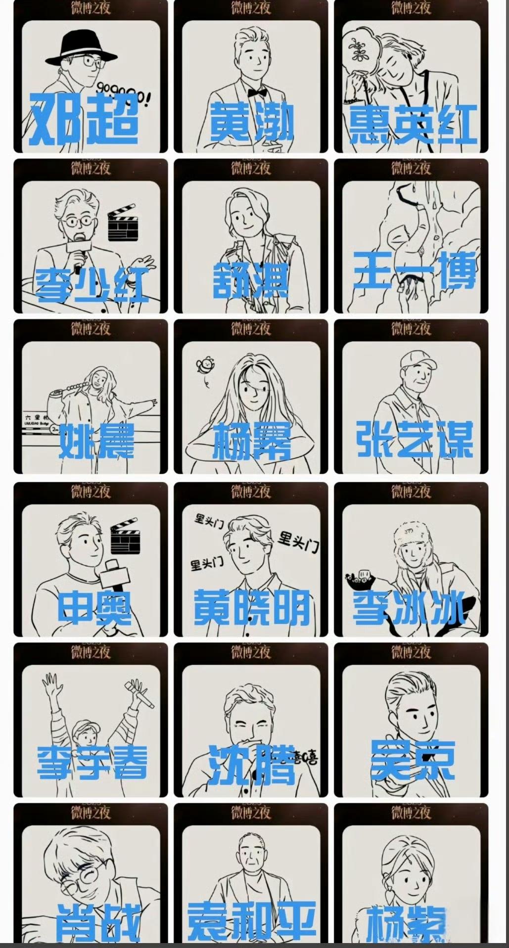 微博之夜第七波阵容，你能从简笔画里认出几个？我认出了邓超，黄晓明和张艺谋！特
